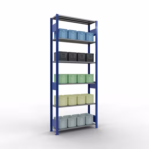Produktbild Nr 15 des Artikels Grundregal, Fachbodenregal Stecksystem MULTIplus85, 2500 x 1000 x 300 mm (HxBxT), 6 Fachböden, Längenriegel, RAL 5010 enzianblau Abbildung Nr 15 des Artikels Grundregal, Fachbodenregal Stecksystem MULTIplus85, 2500 x 1000 x 300 mm (HxBxT), 6 Fachböden, Längenriegel, RAL 5010 enzianblau aus der Produktgruppe Stecksystem von der Marke Schulte Lagertechnik