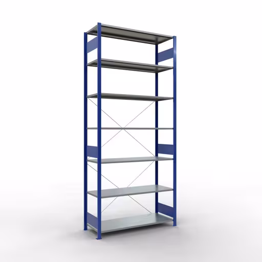 Grundregal, Fachbodenregal Stecksystem MULTIplus150, 3000 x 1300 x 500 mm (HxBxT), 7 Fachböden, Kreuzstrebe, RAL 5010 enzianblau/verzinkt aus der Kategorie Grundregal mit der Artikelnummer 12752-130-B