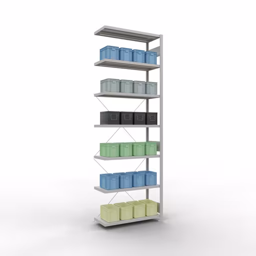 Anbauregal, Fachbodenregal Stecksystem MULTIplus330, 3000 x 1000 x 400 mm (HxBxT), 7 Fachböden, Kreuzstrebe, RAL 7035 lichtgrau von der Marke Schulte Lagertechnik aus der Produktreihe Stecksystem