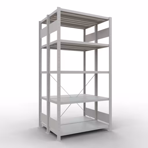Grundregal, Doppelregal, Fachbodenregal Stecksystem MULTIplus250, 2000 x 1000 x (2x400) mm (HxBxT), 2x5 Fachböden, Kreuzstrebe, RAL 7035 lichtgrau aus der Kategorie Doppelregale mit der Artikelnummer 32140-G