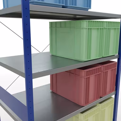 Zusatzbild des Artikels Grundregal, Fachbodenregal Stecksystem MULTIplus250, 3000 x 1300 x 800 mm (HxBxT), 7 Fachböden, Kreuzstrebe, RAL 5010 enzianblau/verzinkt aus Grundregal