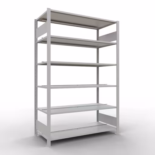 Grundregal, Büro-Fachbodenregal Stecksystem MULTIplus150, 2000 x 1300 x 600 mm (HxBxT), 6 Fachböden, Längenriegel, mit Mittelanschlag, lichtgrau von der Marke Schulte Lagertechnik Grundregal, Büro-Fachbodenregal Stecksystem MULTIplus150, 2000 x 1300 x 600 mm (HxBxT), 6 Fachböden, Längenriegel, mit Mittelanschlag, lichtgrau aus der Kategorie Stecksystem mit der Artikelnummer 36044