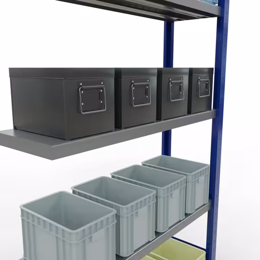 Zusatzbild des Artikels Anbauregal, Fachbodenregal Stecksystem MULTIplus250, 2000 x 1000 x 300 mm (HxBxT), 5 Fachböden, Längenriegel, RAL 5010 enzianblau/verzinkt aus Anbauregal