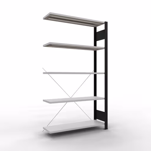 Anbauregal, Büro-Fachbodenregal Stecksystem MULTIplus85, 1800 x 1000 x 300 mm (HxBxT), 5 Fachböden, Kreuzstrebe, ohne Anschlagleiste, schwarz/lichtgrau aus der Kategorie Stecksystem mit der Artikelnummer 36022-S