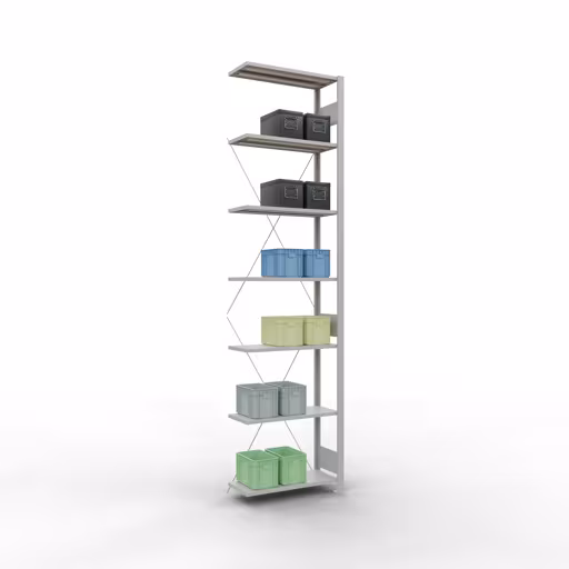 Produktbild Nr.6 des Artikels Anbauregal, Fachbodenregal Stecksystem MULTIplus150, 3000 x 750 x 300 mm (HxBxT), 7 Fachböden, Kreuzstrebe, RAL 7035 lichtgrau aus der Produktreihe Stecksystem von der Marke Schulte Lagertechnik