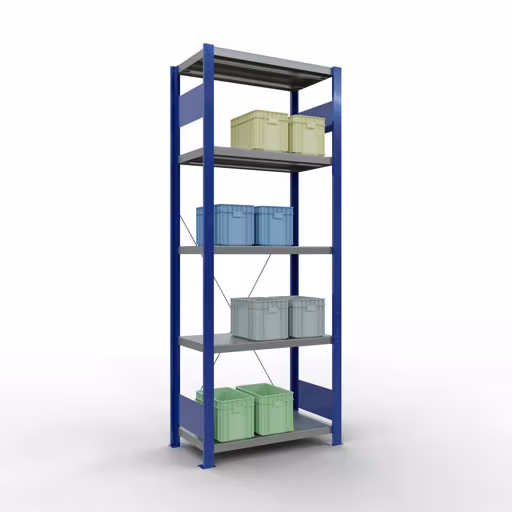 Grundregal, Fachbodenregal Stecksystem MULTIplus250, 2000 x 750 x 400 mm (HxBxT), 5 Fachböden, Kreuzstrebe, RAL 5010 enzianblau/verzinkt/verzinkt von der Marke Schulte Lagertechnik aus der Produktreihe Stecksystem