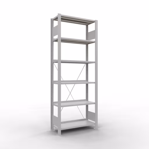 Grundregal, Büro-Fachbodenregal Stecksystem MULTIplus85, 2000 x 750 x 300 mm (HxBxT), 6 Fachböden, Kreuzstrebe, mit Anschlagleiste, lichtgrau von der Marke Schulte Lagertechnik Grundregal, Büro-Fachbodenregal Stecksystem MULTIplus85, 2000 x 750 x 300 mm (HxBxT), 6 Fachböden, Kreuzstrebe, mit Anschlagleiste, lichtgrau aus der Kategorie Stecksystem mit der Artikelnummer 36006