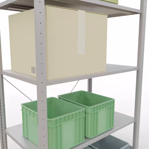 Produktbild Nr 15 des Artikels Grundregal, Fachbodenregal Stecksystem MULTIplus85, 2000 x 1000 x 600 mm (HxBxT), 5 Fachböden, Kreuzstrebe, RAL 7035 lichtgrau Abbildung Nr 15 des Artikels Grundregal, Fachbodenregal Stecksystem MULTIplus85, 2000 x 1000 x 600 mm (HxBxT), 5 Fachböden, Kreuzstrebe, RAL 7035 lichtgrau aus der Produktgruppe Stecksystem von der Marke Schulte Lagertechnik