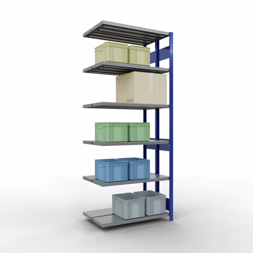 Produktbild Nr.6 des Artikels Anbauregal, Doppelregal, Fachbodenregal Stecksystem MULTIplus250, 2500 x 1000 x (2x300) mm (HxBxT), 2x6 Fachböden, Längenriegel, RAL 5010 enzianblau aus der Produktreihe Fachbodenregale von der Marke Schulte Lagertechnik