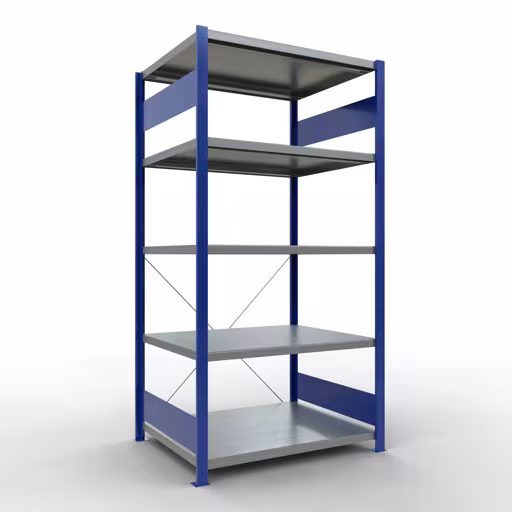 Grundregal, Fachbodenregal Stecksystem MULTIplus250, 2000 x 1000 x 800 mm (HxBxT), 5 Fachböden, Kreuzstrebe, RAL 5010 enzianblau/verzinkt aus der Kategorie Grundregal mit der Artikelnummer 12980-B