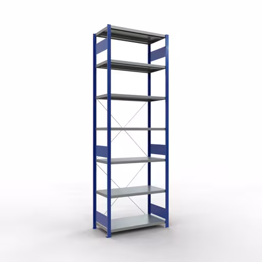 Grundregal, Fachbodenregal Stecksystem MULTIplus330, 3000 x 1000 x 500 mm (HxBxT), 7 Fachböden, Kreuzstrebe, RAL 5010 enzianblau/verzinkt aus der Kategorie Grundregal mit der Artikelnummer 13952-B