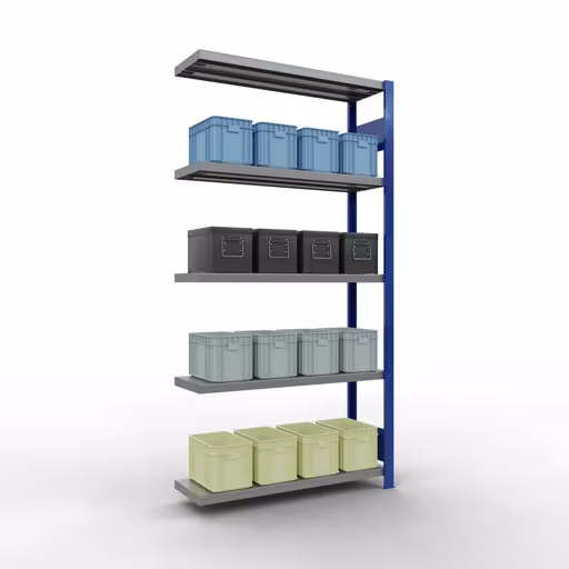 Abbildung Nr 15 des Artikels Anbauregal, Fachbodenregal Stecksystem MULTIplus250, 2000 x 1000 x 300 mm (HxBxT), 5 Fachböden, Längenriegel, RAL 5010 enzianblau/verzinkt aus der Produktgruppe Stecksystem von der Marke Schulte Lagertechnik