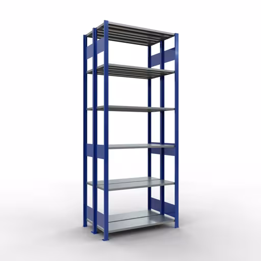 Grundregal, Doppelregal, Fachbodenregal Stecksystem MULTIplus150, 2500 x 1000 x (2x300) mm (HxBxT), 2x6 Fachböden, Längenriegel, RAL 5010 enzianblau aus der Kategorie Doppelregale mit der Artikelnummer 33131-B