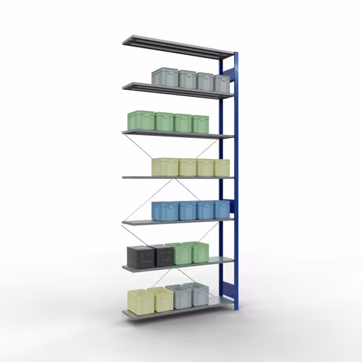 Anbauregal, Fachbodenregal Stecksystem MULTIplus150, 3000 x 1300 x 300 mm (HxBxT), 7 Fachböden, Kreuzstrebe, RAL 5010 enzianblau/verzinkt von der Marke Schulte Lagertechnik aus der Produktreihe Stecksystem
