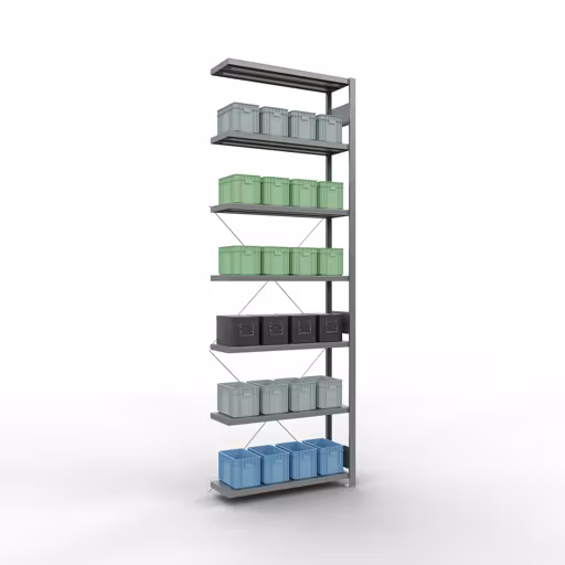 Produktbild Nr 14 des Artikels Anbauregal, Fachbodenregal Stecksystem MULTIplus330, 3000 x 1000 x 300 mm (HxBxT), 7 Fachböden, Kreuzstrebe, verzinkt Abbildung Nr 14 des Artikels Anbauregal, Fachbodenregal Stecksystem MULTIplus330, 3000 x 1000 x 300 mm (HxBxT), 7 Fachböden, Kreuzstrebe, verzinkt aus der Produktgruppe Stecksystem von der Marke Schulte Lagertechnik