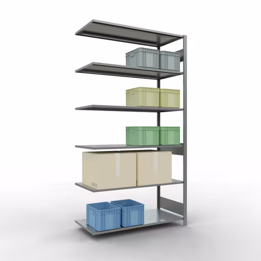 Anbauregal, Fachbodenregal Stecksystem MULTIplus150, 2500 x 1300 x 600 mm (HxBxT), 6 Fachböden, Längenriegel, verzinkt mit der GTIN 4004514281098 Anbauregal, Fachbodenregal Stecksystem MULTIplus150, 2500 x 1300 x 600 mm (HxBxT), 6 Fachböden, Längenriegel, verzinkt von Schulte Lagertechnik mit der Artikelnr. 12766-130-LR