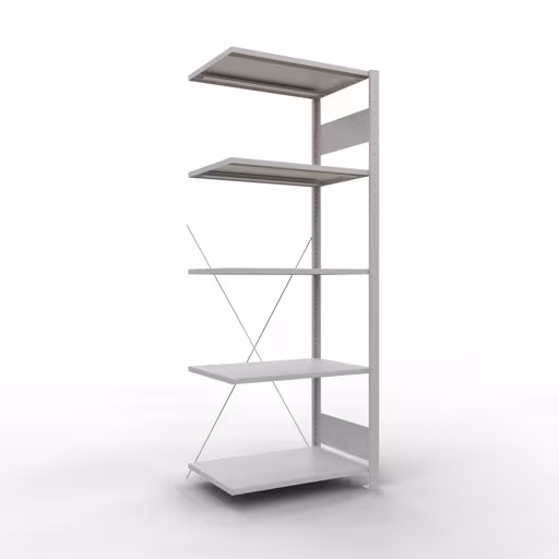 Anbauregal, Fachbodenregal Stecksystem MULTIplus150, 2000 x 750 x 500 mm (HxBxT), 5 Fachböden, Kreuzstrebe, RAL 7035 lichtgrau aus der Kategorie Anbauregal mit der Artikelnummer 32655-75