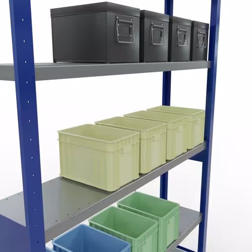 Produktbild Nr 15 des Artikels Grundregal, Fachbodenregal Stecksystem MULTIplus250, 2500 x 1300 x 300 mm (HxBxT), 6 Fachböden, Kreuzstrebe, RAL 5010 enzianblau/verzinkt Abbildung Nr 15 des Artikels Grundregal, Fachbodenregal Stecksystem MULTIplus250, 2500 x 1300 x 300 mm (HxBxT), 6 Fachböden, Kreuzstrebe, RAL 5010 enzianblau/verzinkt aus der Produktgruppe Stecksystem von der Marke Schulte Lagertechnik