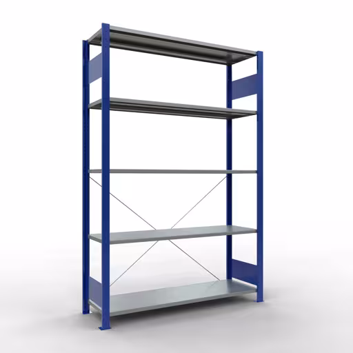 Grundregal, Fachbodenregal Stecksystem MULTIplus150, 2000 x 1300 x 400 mm (HxBxT), 5 Fachböden, Kreuzstrebe, RAL 5010 enzianblau/verzinkt aus der Kategorie Grundregal mit der Artikelnummer 12740-130-B