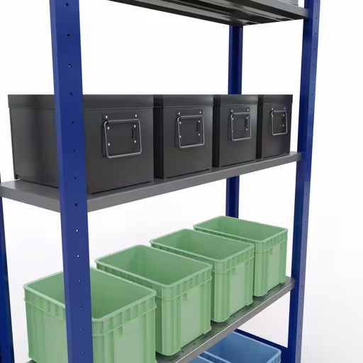 Abbildung Nr 9 des Artikels Grundregal, Fachbodenregal Stecksystem MULTIplus85, 2000 x 1000 x 300 mm (HxBxT), 5 Fachböden, Längenriegel, RAL 5010 enzianblau aus der Produktgruppe Stecksystem von der Marke Schulte Lagertechnik