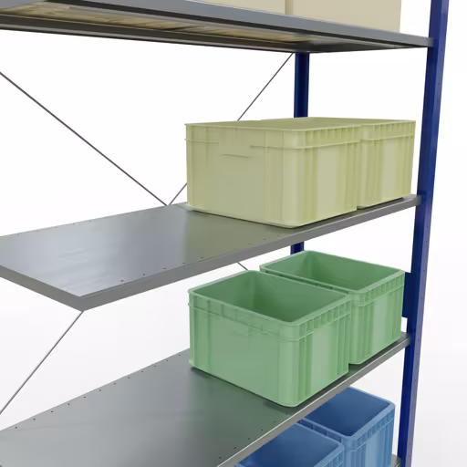 Andere Ansicht des Artikels Anbauregal, Fachbodenregal Stecksystem MULTIplus150, 3000 x 1300 x 500 mm (HxBxT), 7 Fachböden, Kreuzstrebe, RAL 5010 enzianblau/verzinkt aus der Kategorie Stecksystem