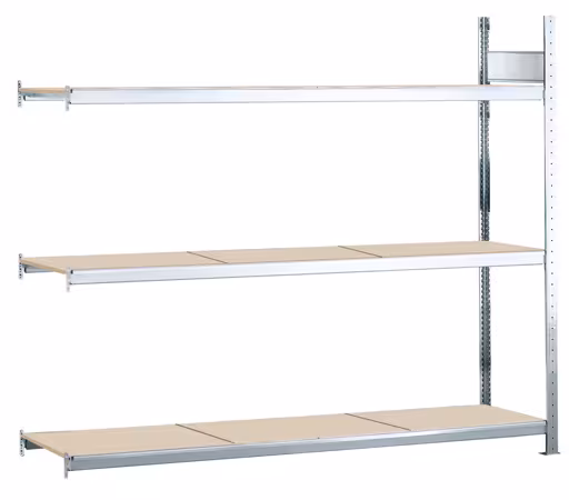 Anbauregal, Weitspannregal WS 2000 mit Spanplatten, 2000 x 2250 x 500 mm (HxBxT), verzinkt, 3 Ebenen, Fachlast 400 kg, Feldlast 1.200 kg aus der Kategorie WS2000 für Fachlasten bis 400kg mit der Artikelnummer 15563