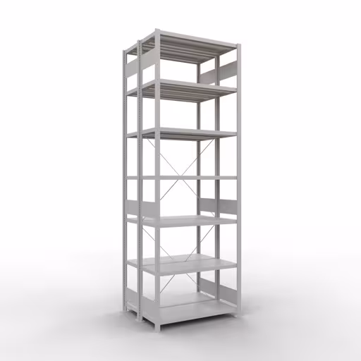 Grundregal, Doppelregal, Fachbodenregal Stecksystem MULTIplus250, 3000 x 1000 x (2x400) mm (HxBxT), 2x7 Fachböden, Kreuzstrebe, RAL 7035 lichtgrau aus der Kategorie Doppelregale mit der Artikelnummer 32142-G
