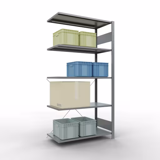 Anbauregal, Fachbodenregal Stecksystem MULTIplus85, 2000 x 1000 x 500 mm (HxBxT), 5 Fachböden, Kreuzstrebe, verzinkt von Schulte Lagertechnik mit der Artikelnr. 13155