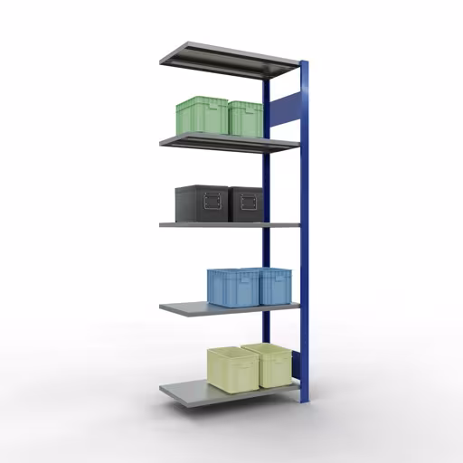 Zusatzbild des Artikels Anbauregal, Fachbodenregal Stecksystem MULTIplus150, 2000 x 750 x 400 mm (HxBxT), 5 Fachböden, Längenriegel, RAL 5010 enzianblau/verzinkt/verzinkt aus Anbauregal