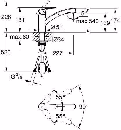Technische Zeichnung 4002437 GROHE Einhand-Spültischbatterie Eurosmart 30305 flacher Auslauf mit ausziehbarer Dual-Spülbrause chrom