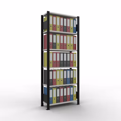 Grundregal, Büro-Fachbodenregal Stecksystem MULTIplus85, 2000 x 750 x 300 mm (HxBxT), 6 Fachböden, Kreuzstrebe, mit Anschlagleiste, schwarz/lichtgrau von der Marke Schulte Lagertechnik aus der Produktreihe Büroregale