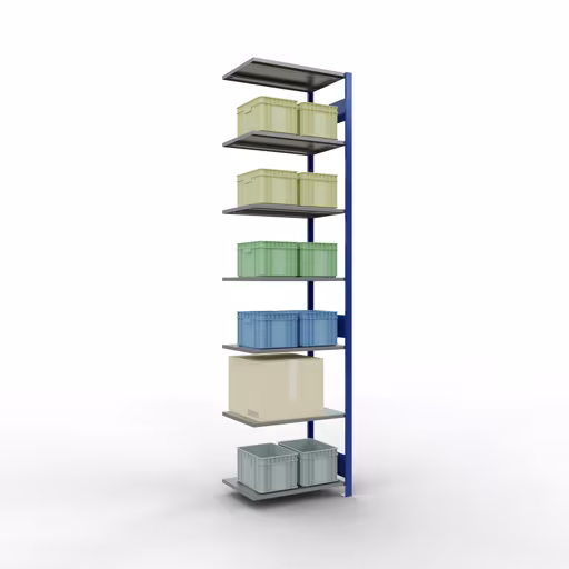 Anbauregal, Fachbodenregal Stecksystem MULTIplus150, 3000 x 750 x 500 mm (HxBxT), 7 Fachböden, Längenriegel, RAL 5010 enzianblau/verzinkt/verzinkt von Schulte Lagertechnik mit der Artikelnr. 12757-75-LR-B
