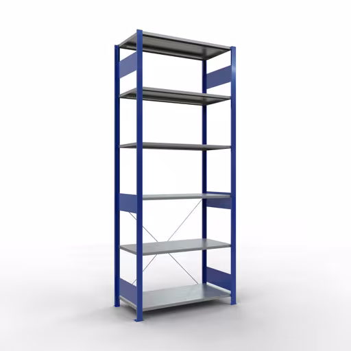 Grundregal, Fachbodenregal Stecksystem MULTIplus85, 2500 x 1000 x 500 mm (HxBxT), 6 Fachböden, Kreuzstrebe, RAL 5010 enzianblau aus der Kategorie Grundregal mit der Artikelnummer 13151-B