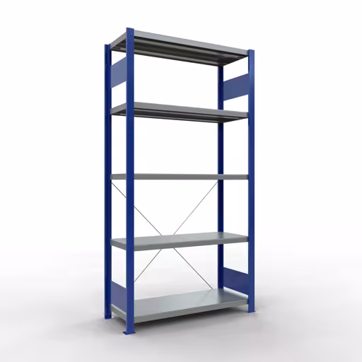 Grundregal, Fachbodenregal Stecksystem MULTIplus250, 2000 x 1000 x 400 mm (HxBxT), 5 Fachböden, Kreuzstrebe, RAL 5010 enzianblau/verzinkt aus der Kategorie Grundregal mit der Artikelnummer 12940-B