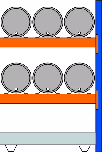 Anbauregal, Fassregal, 2000 x 1350 x 800 mm (HxBxT), blau/verzinkt/RAL 2004, 2 Ebenen für je 3 Fässer 60 l liegend; 1 Bodenwanne 1330 x 1100 mm aus der Kategorie Fassregale mit der Artikelnummer 46963