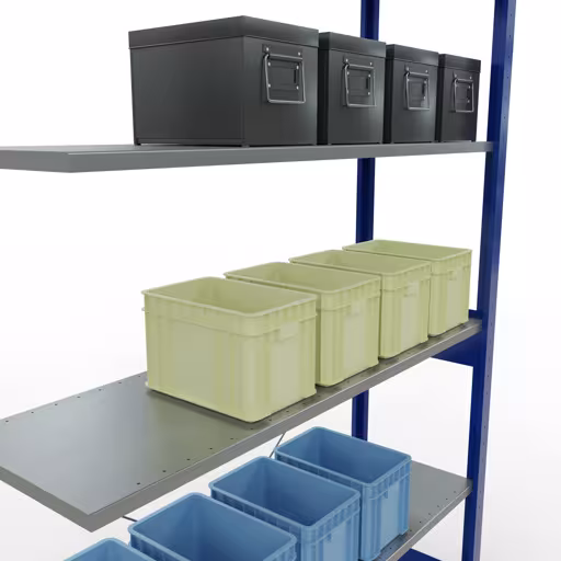 Produktbild Nr.12 des Artikels Anbauregal, Fachbodenregal Stecksystem MULTIplus150, 2500 x 1300 x 400 mm (HxBxT), 6 Fachböden, Kreuzstrebe, RAL 5010 enzianblau/verzinkt aus der Produktreihe Stecksystem von der Marke Schulte Lagertechnik