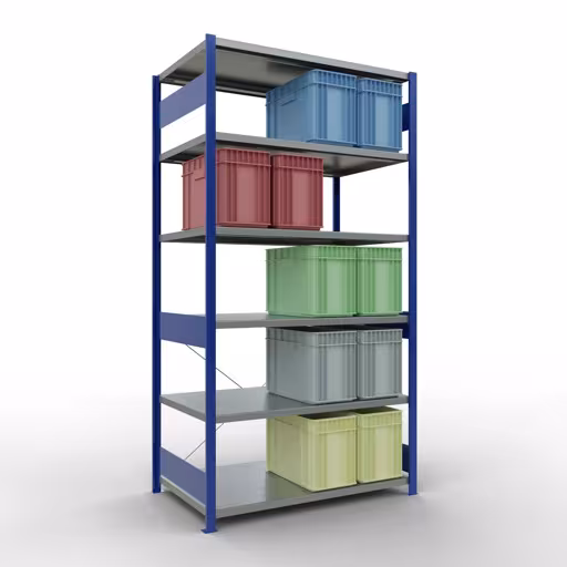 Grundregal, Fachbodenregal Stecksystem MULTIplus250, 2500 x 1300 x 800 mm (HxBxT), 6 Fachböden, Kreuzstrebe, RAL 5010 enzianblau/verzinkt von der Marke Schulte Lagertechnik aus der Produktreihe Stecksystem