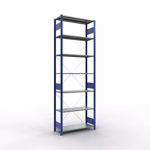 Grundregal, Fachbodenregal Stecksystem MULTIplus150, 3000 x 1000 x 400 mm (HxBxT), 7 Fachböden, Kreuzstrebe, RAL 5010/verzinkt aus der Kategorie Grundregal mit der Artikelnummer 12742-B