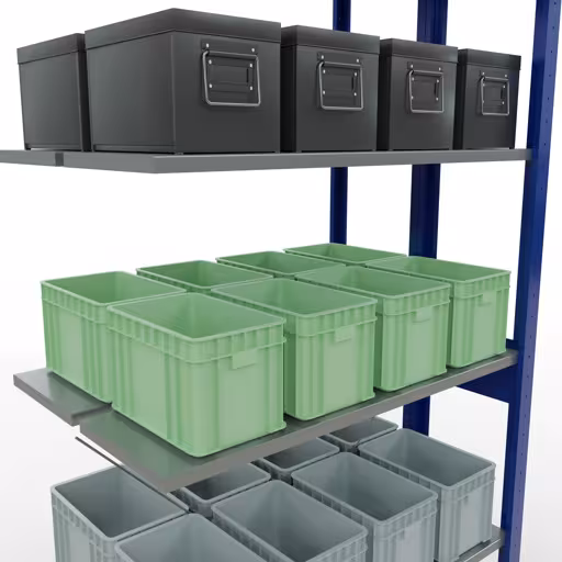 Produktbild Nr.13 des Artikels Anbauregal, Doppelregal, Fachbodenregal Stecksystem MULTIplus150, 2500 x 1000 x (2x300) mm (HxBxT), 2x6 Fachböden, Kreuzstrebe, RAL 5010 enzianblau aus der Produktreihe Fachbodenregale von der Marke Schulte Lagertechnik