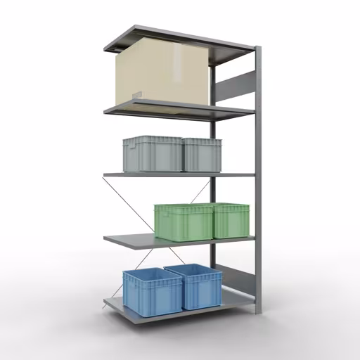 Zusatzbild des Artikels Anbauregal, Fachbodenregal Stecksystem MULTIplus150, 2000 x 1000 x 600 mm (HxBxT), 5 Fachböden, Kreuzstrebe, verzinkt - Expressline aus Anbauregal