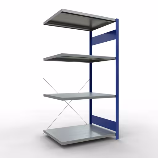 Anbauregal, Fachbodenregal Stecksystem MULTIplus330, 2000 x 1000 x 800 mm (HxBxT), 5 Fachböden, Kreuzstrebe, RAL 5010 enzianblau/verzinkt aus der Kategorie Anbauregal mit der Artikelnummer 13985-B