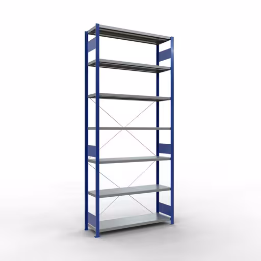 Grundregal, Fachbodenregal Stecksystem MULTIplus250, 3000 x 1300 x 400 mm (HxBxT), 7 Fachböden, Kreuzstrebe, RAL 5010 enzianblau/verzinkt aus der Kategorie Grundregal mit der Artikelnummer 12942-130-B