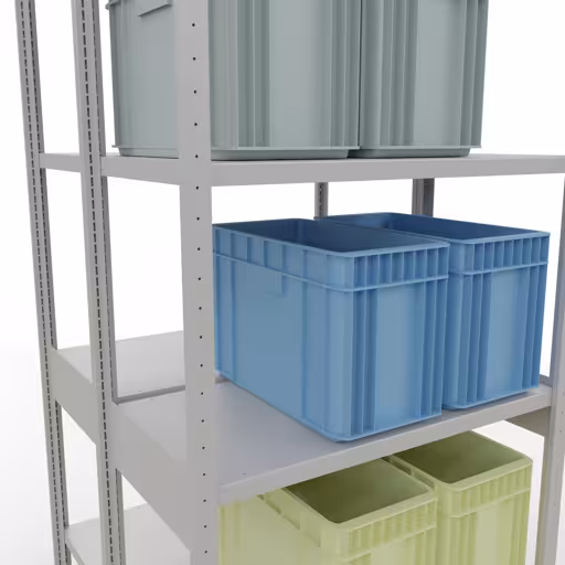 Produktbild Nr.7 des Artikels Grundregal, Doppelregal, Fachbodenregal Stecksystem MULTIplus250, 3000 x 1000 x (2x500) mm (HxBxT), 2x7 Fachböden, Längenriegel, RAL 7035 lichtgrau aus der Produktreihe Fachbodenregale von der Marke Schulte Lagertechnik