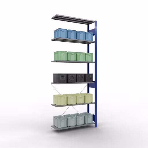 Anbauregal, Fachbodenregal Stecksystem MULTIplus150, 2500 x 1000 x 300 mm (HxBxT), 6 Fachböden, Kreuzstrebe, RAL 5010/verzinkt mit der GTIN 4004514208866 Anbauregal, Fachbodenregal Stecksystem MULTIplus150, 2500 x 1000 x 300 mm (HxBxT), 6 Fachböden, Kreuzstrebe, RAL 5010/verzinkt von Schulte Lagertechnik mit der Artikelnr. 12636-B