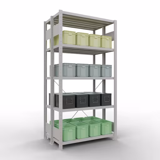 Grundregal, Doppelregal, Fachbodenregal Stecksystem MULTIplus250, 2000 x 1000 x (2x300) mm (HxBxT), 2x5 Fachböden, Kreuzstrebe, RAL 7035 lichtgrau von der Marke Schulte Lagertechnik aus der Produktreihe Fachbodenregale