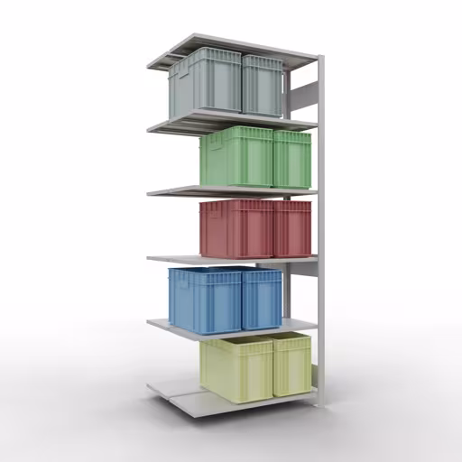 Anbauregal, Doppelregal, Fachbodenregal Stecksystem MULTIplus150, 2500 x 1000 x (2x400) mm (HxBxT), 2x6 Fachböden, Längenriegel, RAL 7035 lichtgrau mit der GTIN 4004514269942 Anbauregal, Doppelregal, Fachbodenregal Stecksystem MULTIplus150, 2500 x 1000 x (2x400) mm (HxBxT), 2x6 Fachböden, Längenriegel, RAL 7035 lichtgrau von Schulte Lagertechnik mit der Artikelnr. 33146