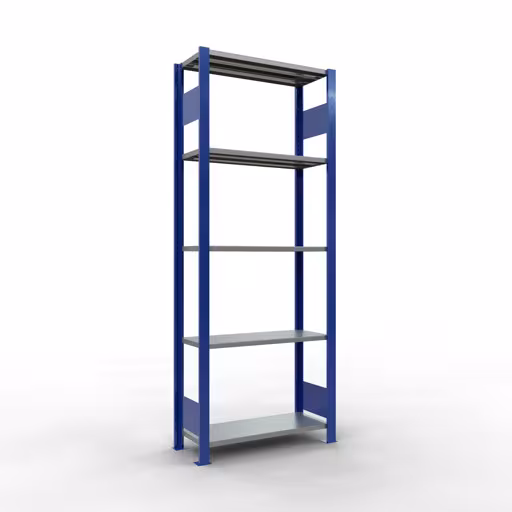 Grundregal, Fachbodenregal Stecksystem MULTIplus150, 2000 x 750 x 300 mm (HxBxT), 5 Fachböden, Längenriegel, RAL 5010 enzianblau/verzinkt/verzinkt aus der Kategorie Grundregal mit der Artikelnummer 12730-75-LR-B
