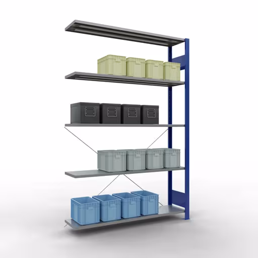 Produktbild Nr.11 des Artikels Anbauregal, Fachbodenregal Stecksystem MULTIplus150, 2000 x 1300 x 300 mm (HxBxT), 5 Fachböden, Kreuzstrebe, RAL 5010 enzianblau/verzinkt aus der Produktreihe Stecksystem von der Marke Schulte Lagertechnik