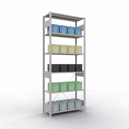Grundregal, Fachbodenregal Stecksystem MULTIplus85, 2500 x 1000 x 400 mm (HxBxT), 6 Fachböden, Kreuzstrebe, RAL 7035 lichtgrau von Schulte Lagertechnik mit der Artikelnr. 33041