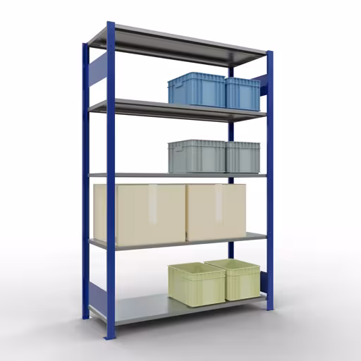 Andere Ansicht des Artikels Grundregal, Fachbodenregal Stecksystem MULTIplus150, 2000 x 1300 x 500 mm (HxBxT), 5 Fachböden, Längenriegel, RAL 5010 enzianblau/verzinkt aus der Kategorie Grundregal